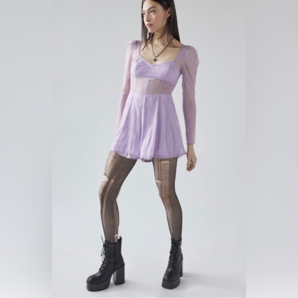 Urban Outfitters | Leah Lace Semi Sheer Romper New Small Lilac Lavender Purple